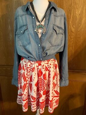 Sz S Haute Hippie Red and White Linen Blend Mexican Mini Skirt